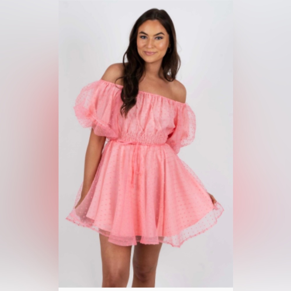 Light Pink Puffy Sleeve Polka Dot Midi Dress